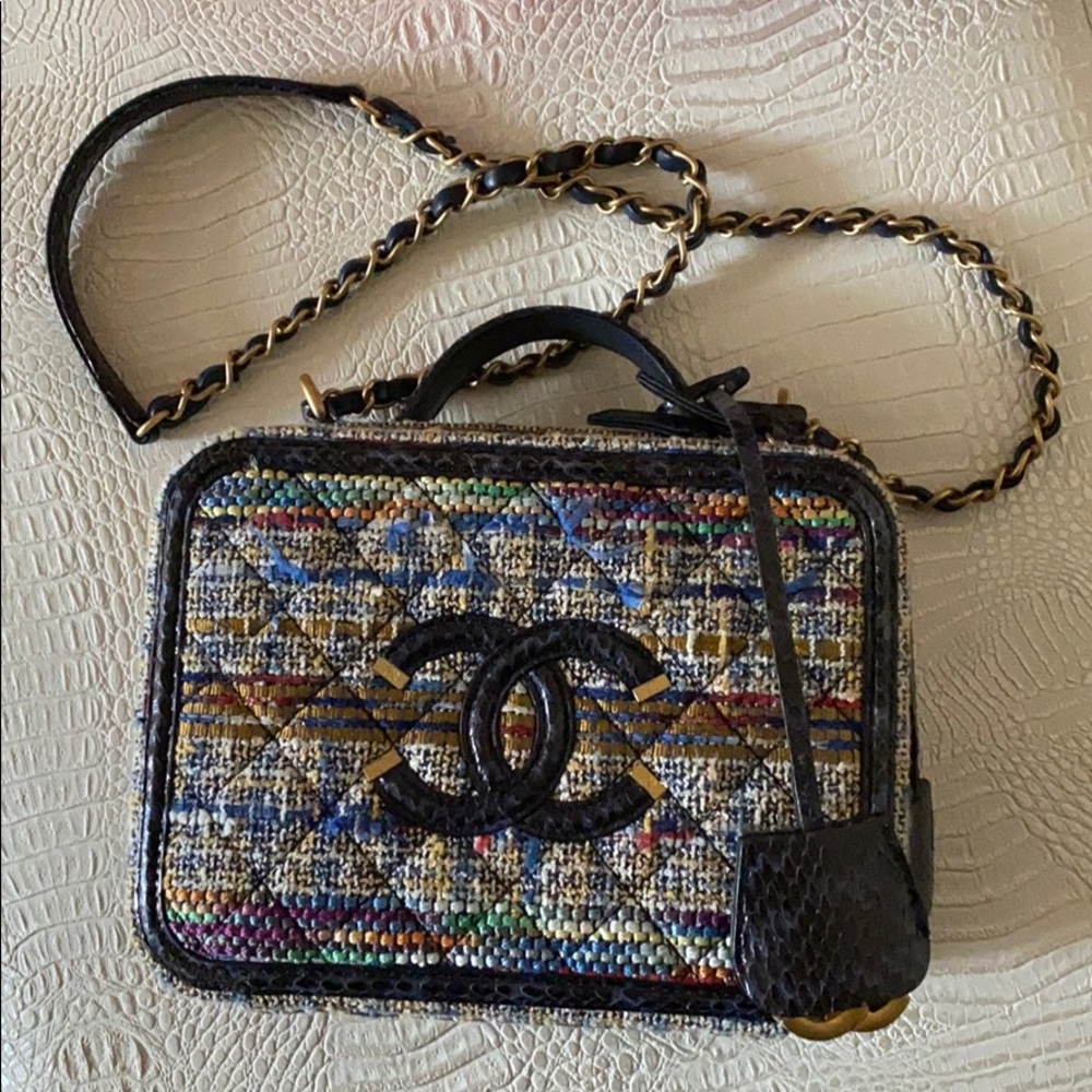 Chanel filigree vanity case tweed with python trim